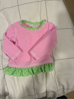 Girls Pink Stripe Rashguard Top with Green Polka Ruffle